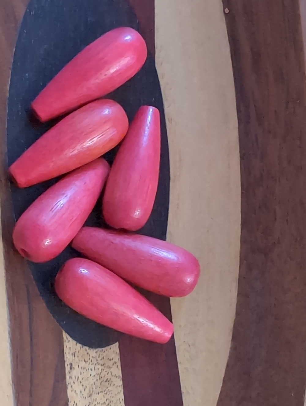 1970s Smooth Hand Drill Teardrop Red Wood Beads